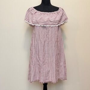 Ethereal by Paper Crane Linen Cotton Striped Off Shoulder Fringe Mini Dress Wo M